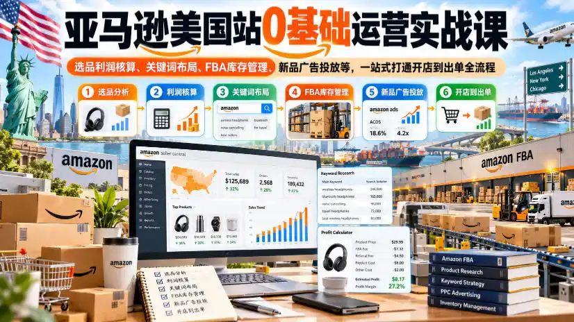 亚马逊美国站0基础运营实战课|选品利润核算、关键词布局、FBA库存管理、新品广告投放等,一站式打通开店到出单全流程
