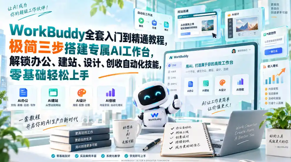 WorkBuddy全套入门到精通教程,极简三步搭建专属AI工作台,解锁办公、建站、设计、创收自动化技能,零基础轻松上手-二当家网创资源站