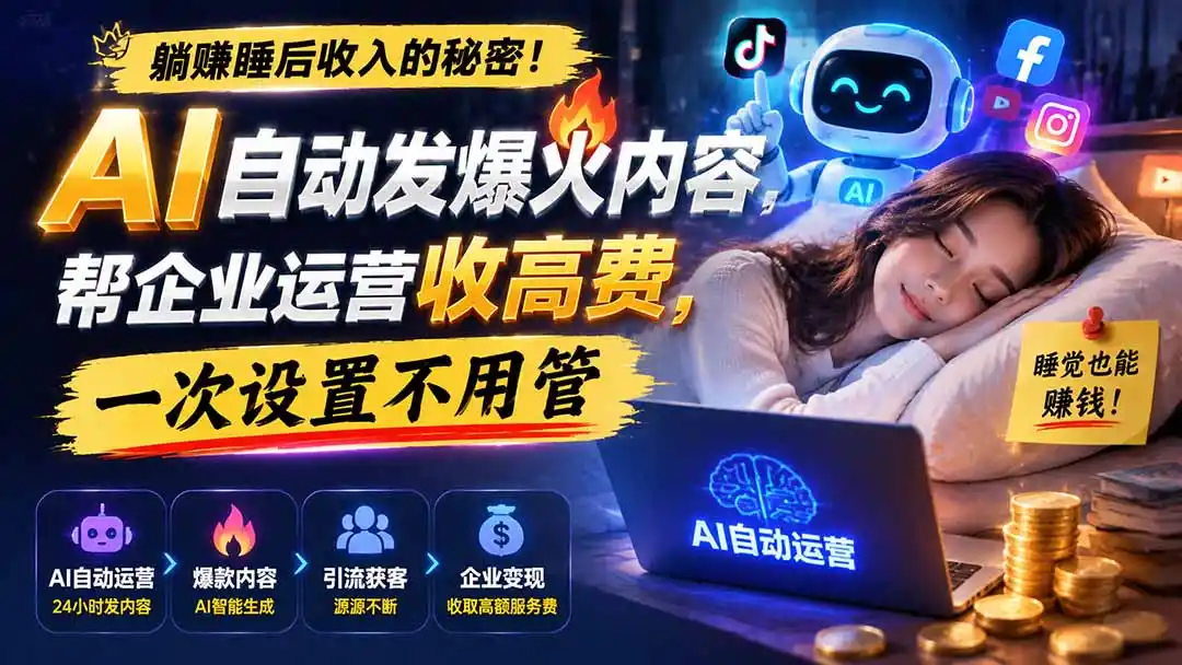 躺赚睡后收入的秘密！AI 自动发爆火内容，帮企业运营收高费，一次设置不用管【原创双语字幕】-二当家网创资源站