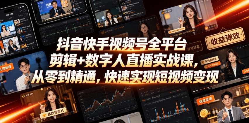 抖音快手视频号全平台剪辑+数字人直播实战课,从零到精通,快速实现短视频变现(更新2026年6月)-二当家网创资源站