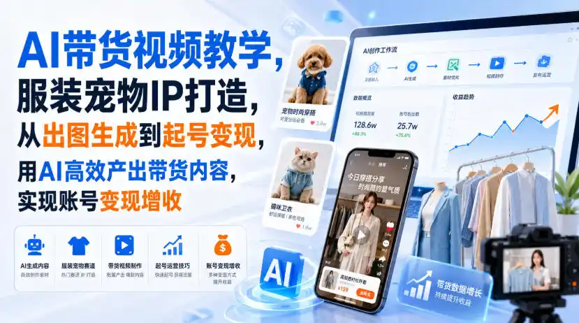 AI带货视频教学，服装宠物IP打造，从出图生成到起号变现，用AI高效产出带货内容，实现账号变现增收-二当家网创资源站