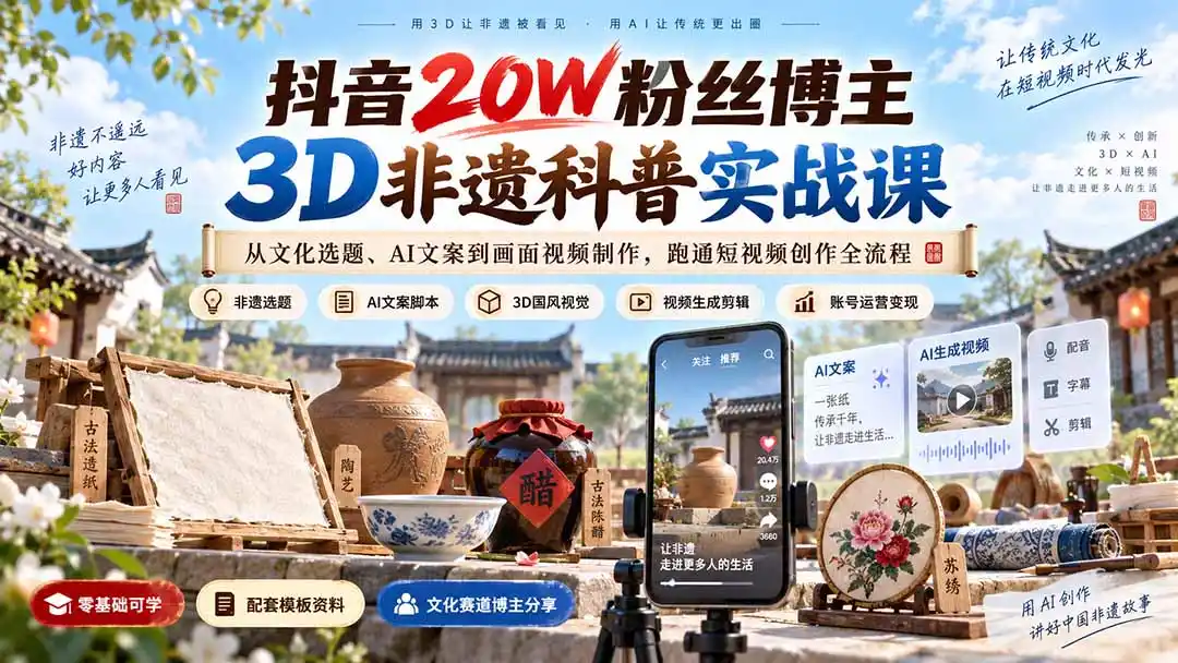 抖音20W粉丝博主3D非遗科普实战课:从文化选题、AI文案到画面视频制作,跑通短视频创作全流程-二当家网创资源站