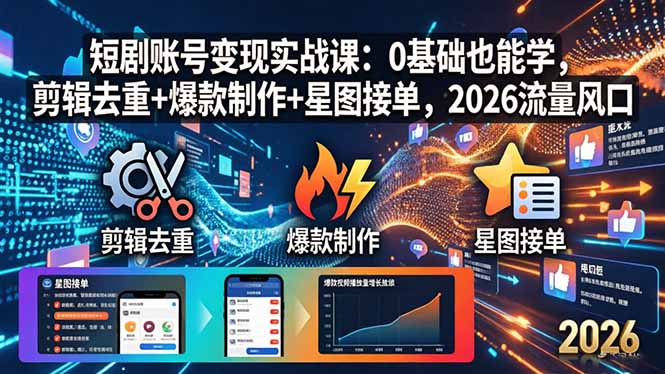 短剧账号变现实战课：0基础也能学，剪辑去重+爆款制作+星图接单，2026流量风口-二当家网创资源站