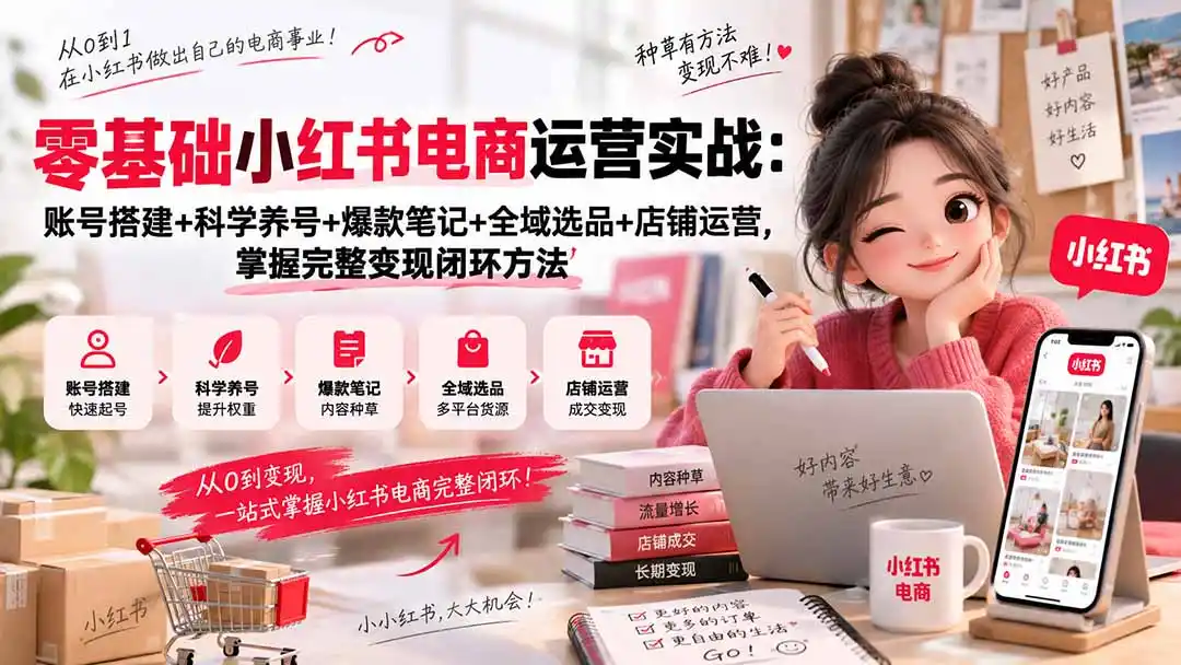 零基础小红书电商运营实战:账号搭建+科学养号+爆款笔记+全域选品+店铺运营,掌握完整变现闭环方法-二当家网创资源站