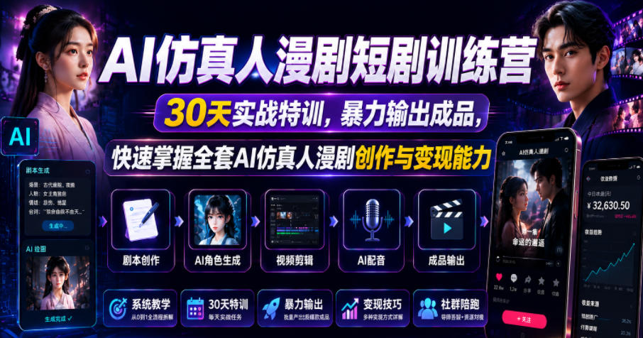 AI仿真人漫剧短剧训练营，30天实战特训，暴力输出成品，快速掌握全套AI仿真人漫剧创作与变现能力-二当家网创资源站