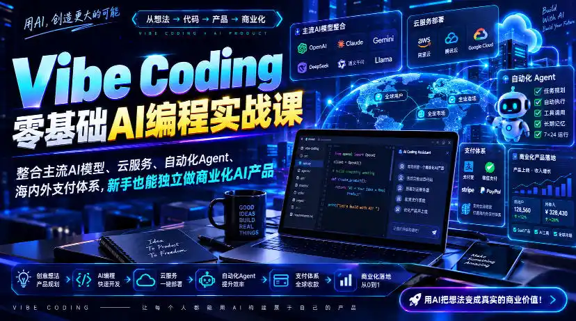 Vibe Coding零基础AI编程实战课-无水印，整合主流AI模型、云服务、自动化Agent、海内外支付体系，新手也能独立做商业化AI产品-二当家网创资源站