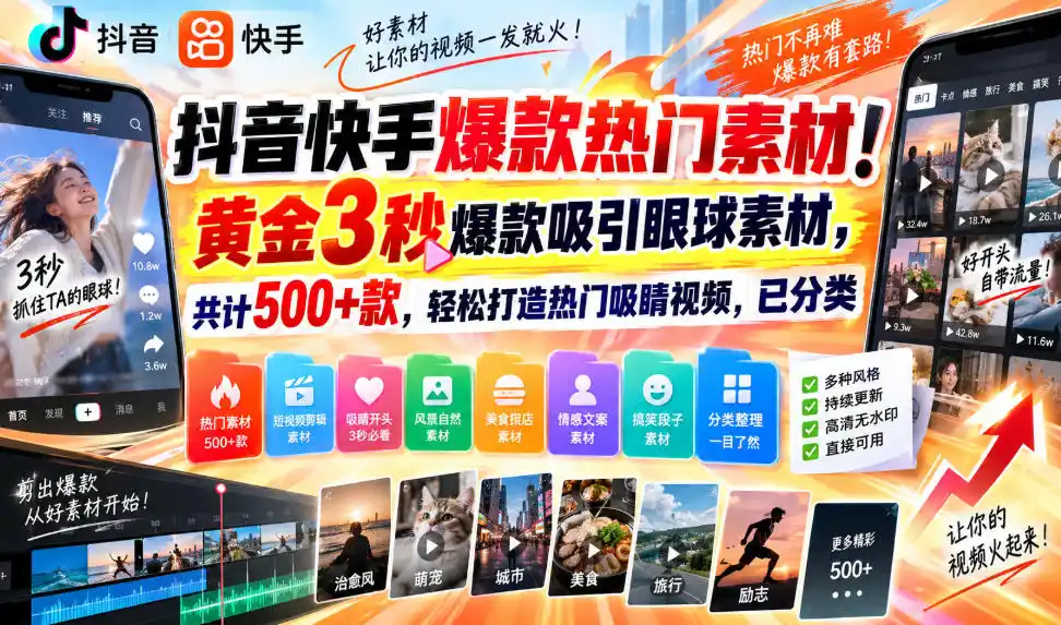 抖音快手爆款热门素材!黄金3秒爆款吸引眼球素材,共计500+款,轻松打造热门吸睛视频,已分类-二当家网创资源站