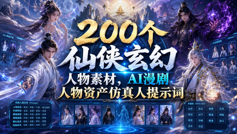200个仙侠玄幻人物素材,AI漫剧人物资产仿真人提示词-二当家网创资源站