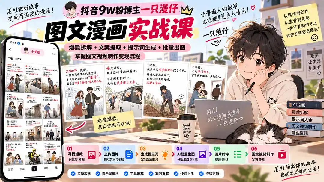 抖音9W粉博主一只漫仔图文漫画课:爆款拆解+文案提取+提示词生成+批量出图,掌握图文视频制作变现流程-二当家网创资源站