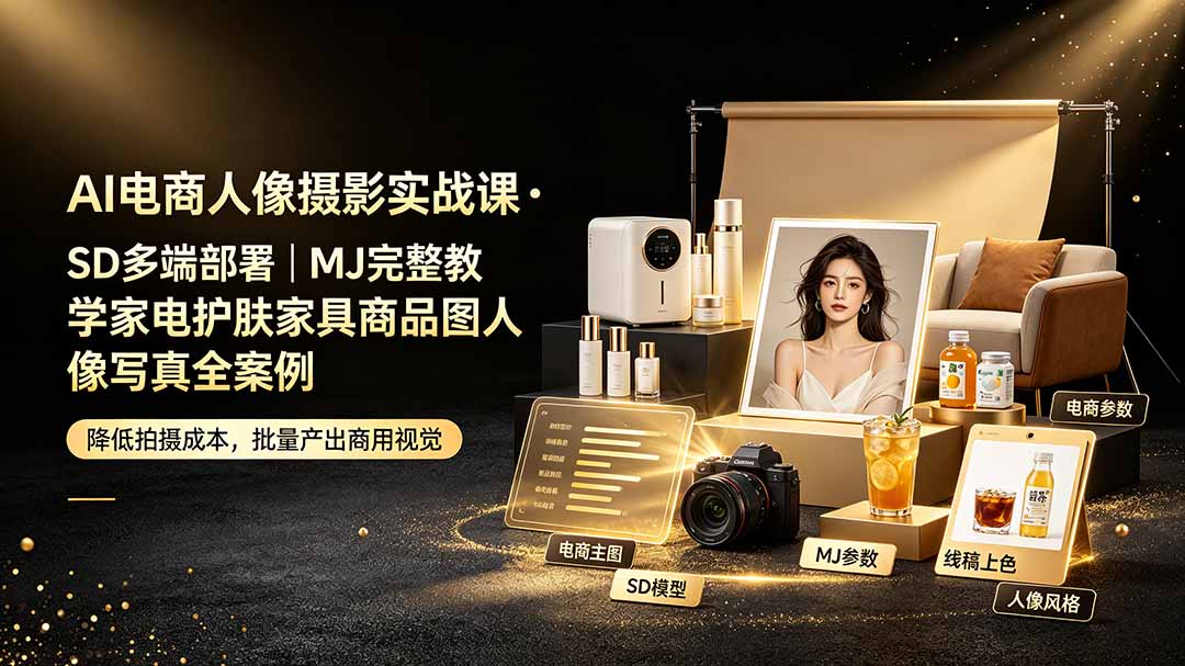 AI电商人像摄影实战课·SD多端部署｜MJ完整教学｜家电护肤家具商品图人像写真全案例-二当家网创资源站