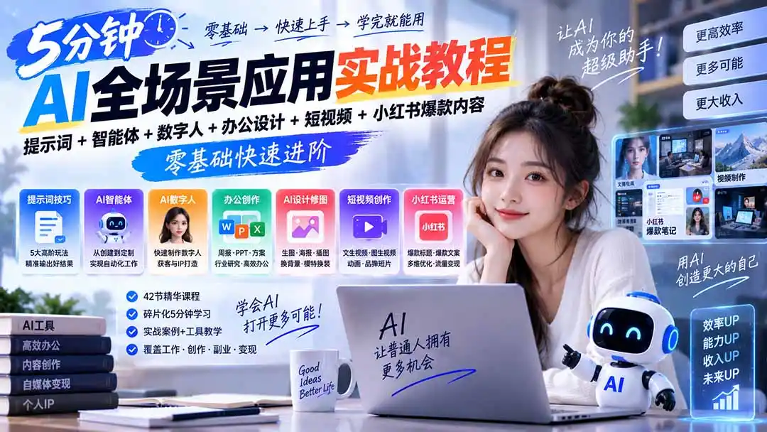 AI全场景应用实战教程|提示词+智能体+数字人+办公设计+短视频+小红书爆款内容,零基础快速进阶-二当家网创资源站