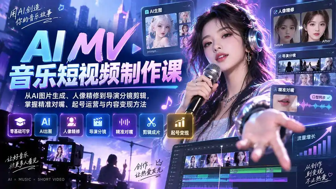 AI MV音乐短视频制作课：从AI图片生成、人像精修到导演分镜剪辑，掌握精准对嘴、起号运营与内容变现方法-二当家网创资源站