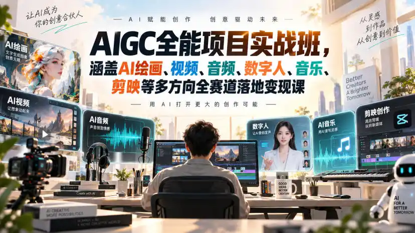 AIGC全能项目实战班,涵盖AI绘画、视频、音频、数字人、音乐、剪映等多方向全赛道落地变现课-二当家网创资源站