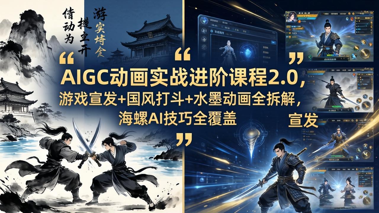 AIGC动画实战进阶课程2.0，游戏宣发+国风打斗+水墨动画全拆解，海螺AI技巧全覆盖-二当家网创资源站