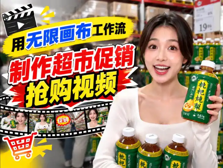 无限画布超市促销抢购视频工作流,一键产出TikTok抖音带货短视频-二当家网创资源站