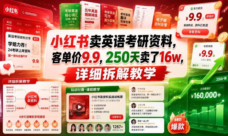 小红书卖英语考研资料,客单价9.9,250天卖了16w,详细拆解教学-二当家网创资源站