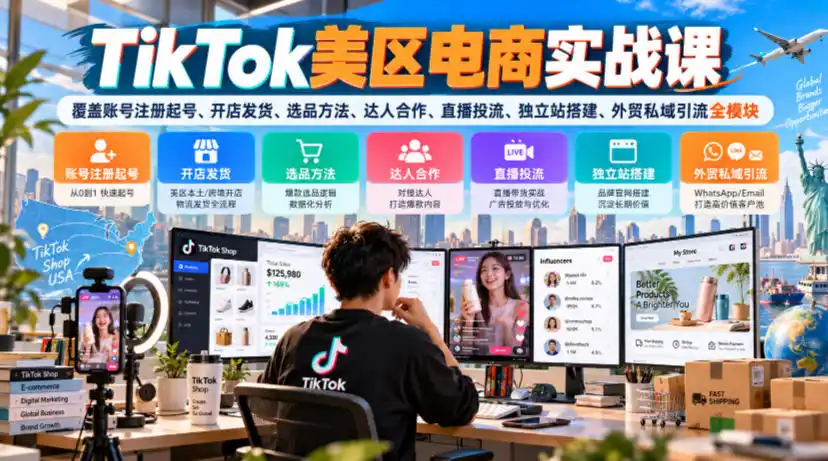 TikTok美区电商实战课，覆盖账号注册起号、开店发货、选品方法、达人合作、直播投流、独立站搭建、外贸私域引流全模块-二当家网创资源站