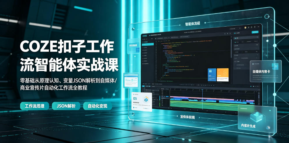 COZE扣子工作流智能体实战课|零基础从原理认知、变量JSON解析到自媒体/商业宣传片自动化工作流全教程-二当家网创资源站