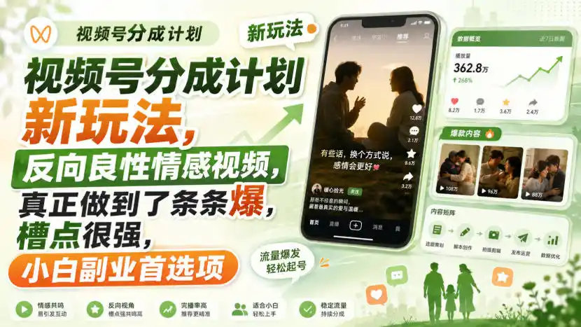 视频号分成计划新玩法,反向良性情感视频,真正做到了条条爆,槽点很强,小白副业首选项-二当家网创资源站