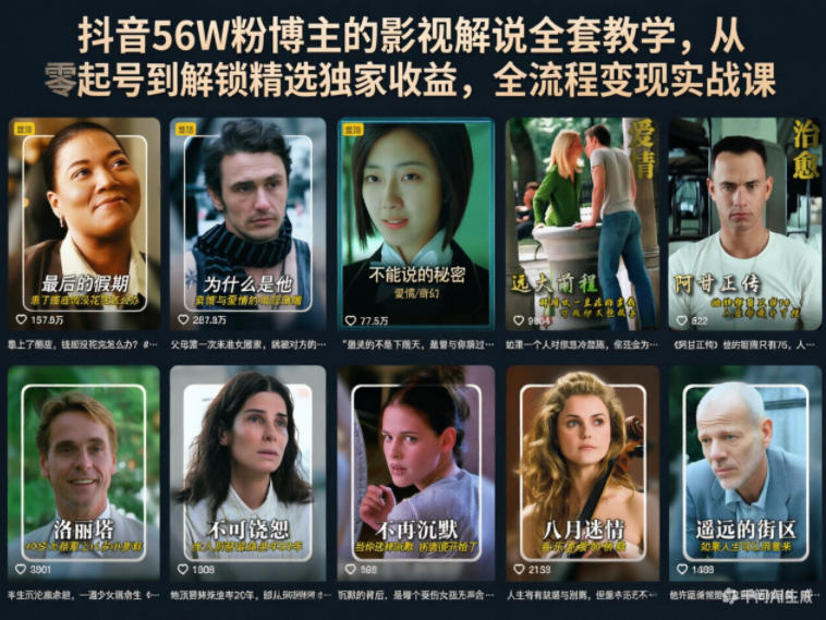 抖音56W粉博主的影视解说全套教学，从零起号到解锁精选独家收益，全流程变现实战课-二当家网创资源站