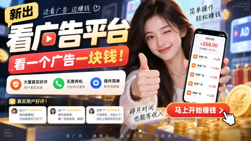 新出看广告平台,看一个广告一块钱,大量真实好评!无需养机、不会黑号,操作简单【揭秘】-二当家网创资源站