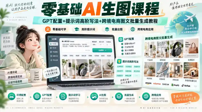 零基础AI生图课程,GPT配置+提示词高阶写法+跨境电商图文批量生成教程-二当家网创资源站