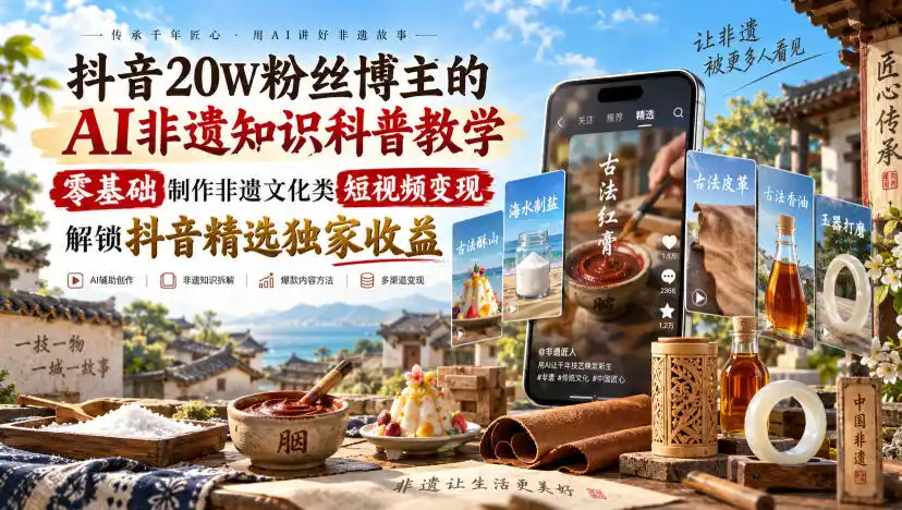 抖音20W粉丝博主的AI非遗知识科普教学,零基础制作非遗文化类短视频变现,解锁抖音精选独家收益-二当家网创资源站