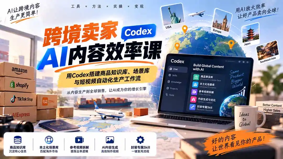 跨境卖家AI内容效率课:用Codex搭建商品知识库、场景库与短视频自动化生产工作流-二当家网创资源站