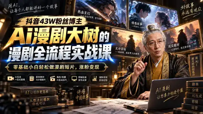 抖音43W粉丝博主Ai漫剧大树的漫剧制作全流程实战课,零基础小白轻松做漫剧短片,涨粉变现-二当家网创资源站