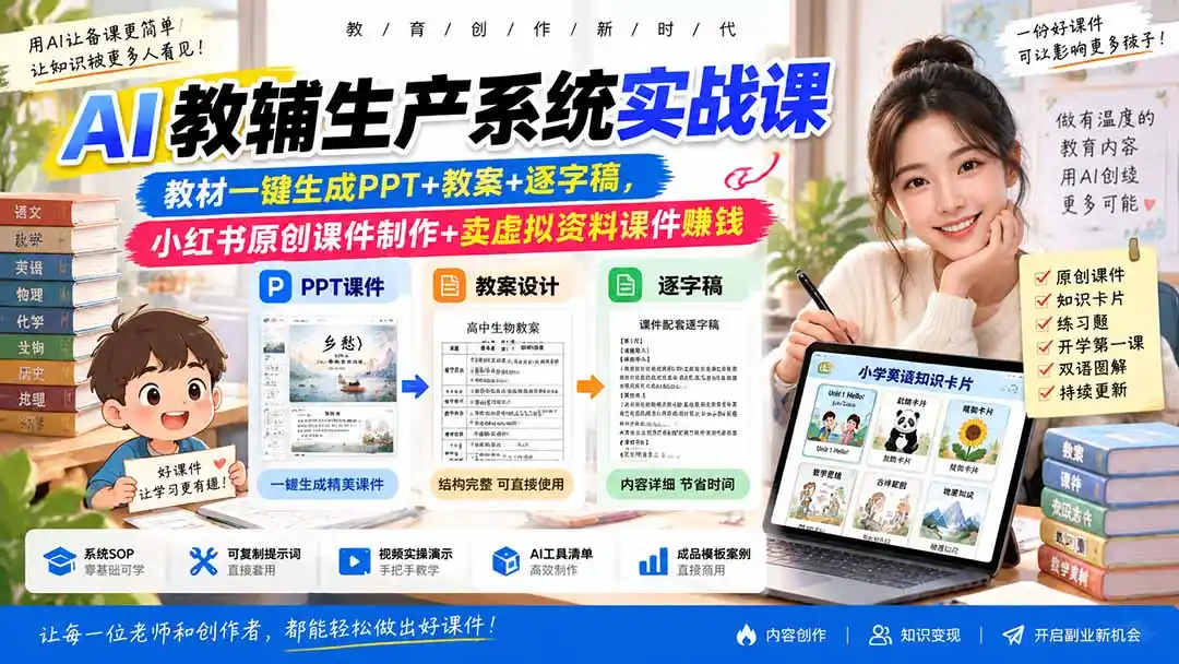 AI教辅生产系统实战课-更新0926|教材一键生成PPT+教案+逐字稿,小红书原创课件制作+卖虚拟资料课件赚钱-二当家网创资源站