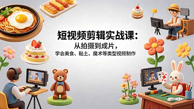 短视频剪辑实战课:从拍摄到成片,学会美食、粘土、魔术等类型视频制作-二当家网创资源站