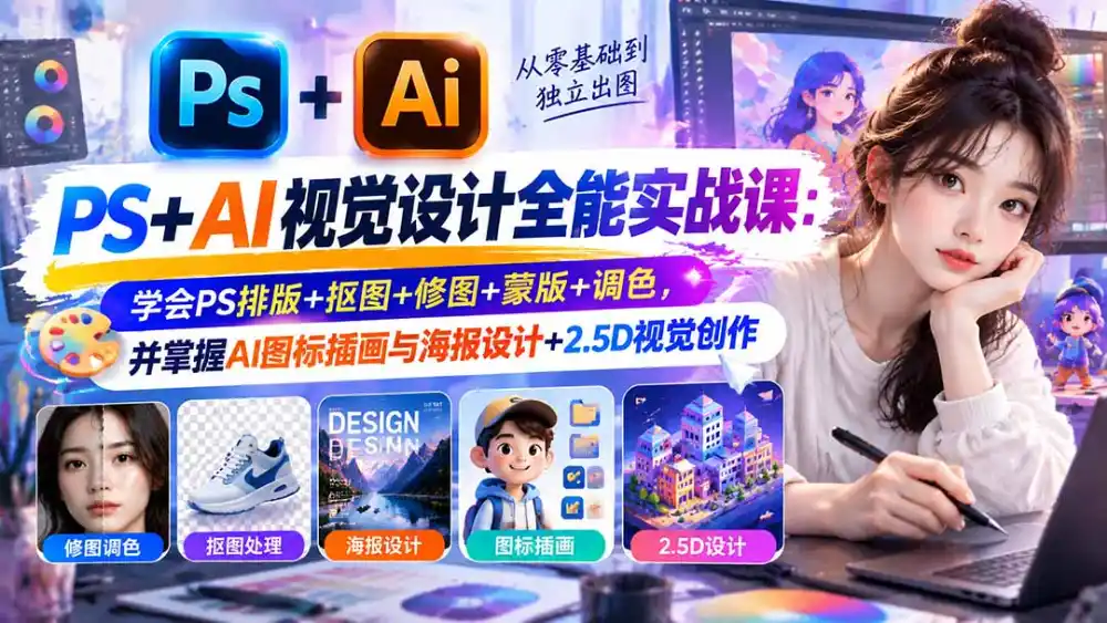 【无水印】PS+AI视觉设计全能实战课：学会PS排版+抠图+修图+蒙版+调色，并掌握AI图标插画与海报设计+2.5D视觉创作-二当家网创资源站