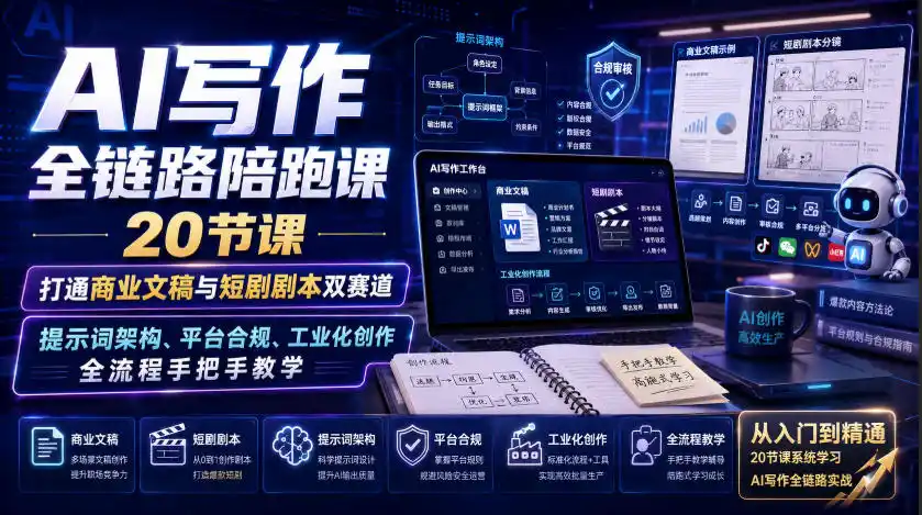 AI写作全链路陪跑课|20节课打通商业文稿与短剧剧本双赛道,提示词架构、平台合规、工业化创作全流程手把手教学-二当家网创资源站
