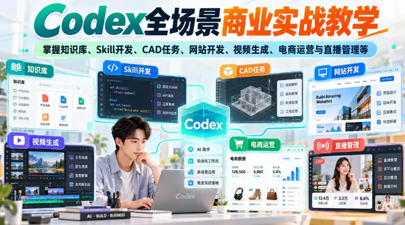 【无水印】Codex全场景商业实战教学，掌握知识库、Skill开发、CAD任务、网站开发、视频生成、电商运营与直播管理等-二当家网创资源站