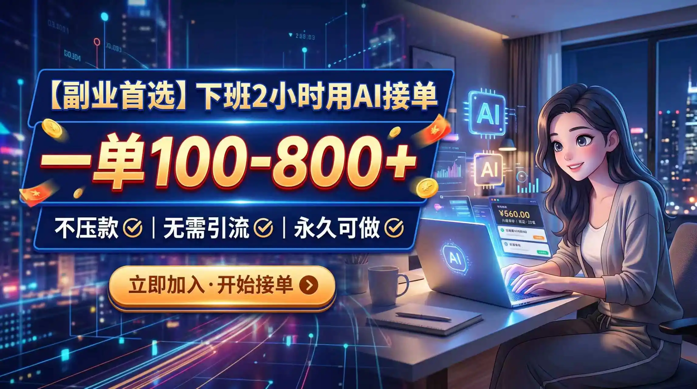 下班2小时用AI接单,一单100-800+,不压款,无需引流,永久可做-二当家网创资源站