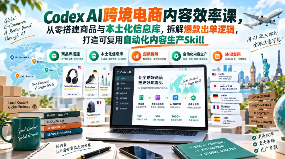 Codex AI跨境电商内容效率课,从零搭建商品与本土化信息库,拆解爆款出单逻辑,打造可复用自动化内容生产Skill-二当家网创资源站