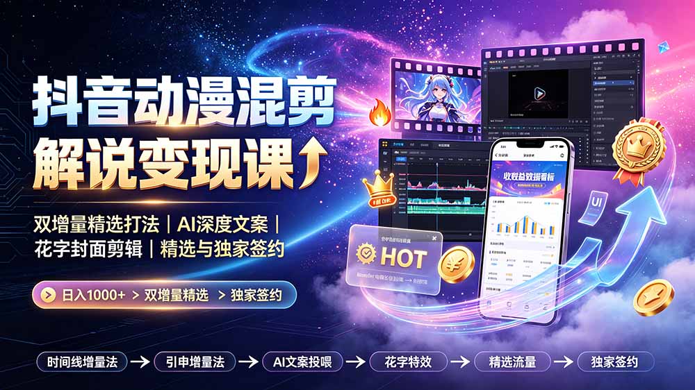 抖音动漫混剪解说变现课：双增量精选打法｜AI深度文案｜花字封面剪辑｜ 精选与独家签约日入1000+-二当家网创资源站