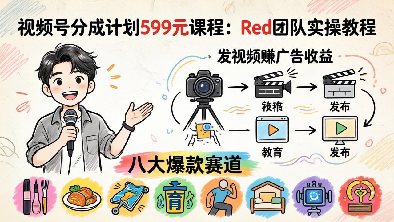 视频号分成计划599元课程：Red团队实操教程，发视频赚广告收益，八大爆款赛道全掌握-二当家网创资源站