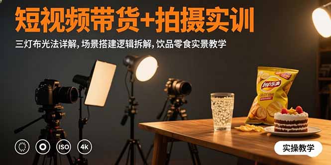 短视频带货+拍摄实训：三灯布光法详解,场景搭建逻辑拆解,饮品零食实景教学-二当家网创资源站