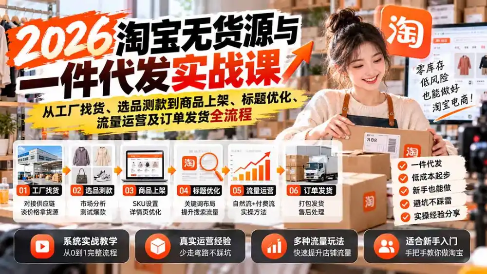 2026淘宝无货源与一件代发实战课：从工厂找货、选品测款到商品上架、标题优化、流量运营及订单发货全流程-二当家网创资源站
