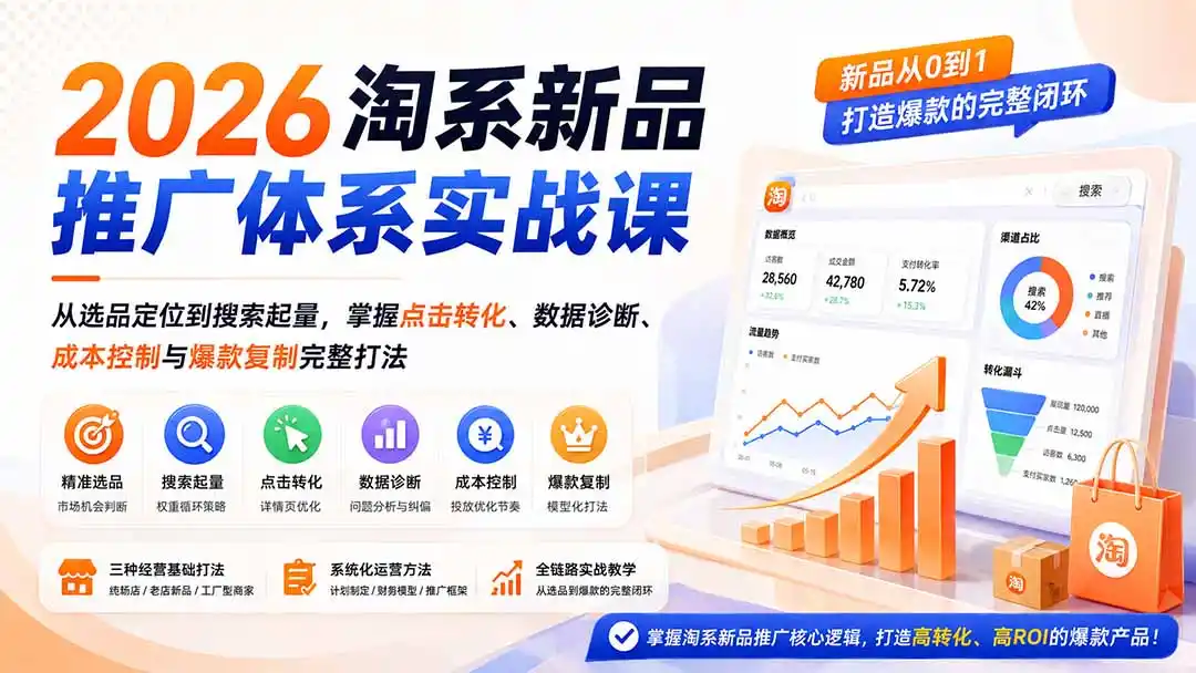 2026淘系新品推广体系实战课：从选品定位到搜索起量，掌握点击转化、数据诊断、成本控制与爆款复制完整打法-二当家网创资源站