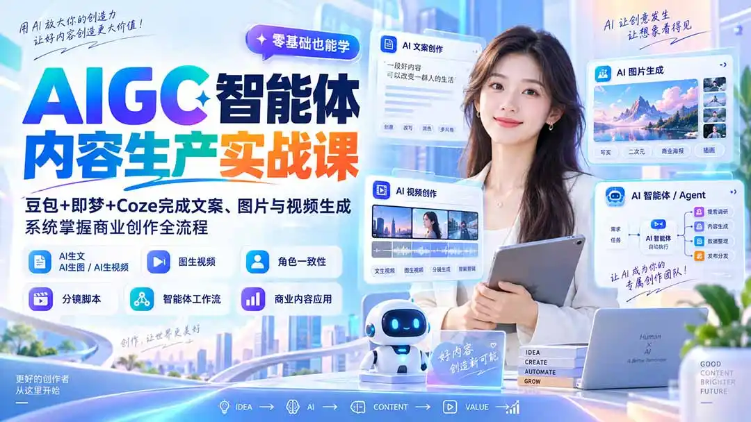 AIGC智能体内容生产实战课：豆包+即梦+Coze完成文案、图片与视频生成，系统掌握商业创作全流程-二当家网创资源站