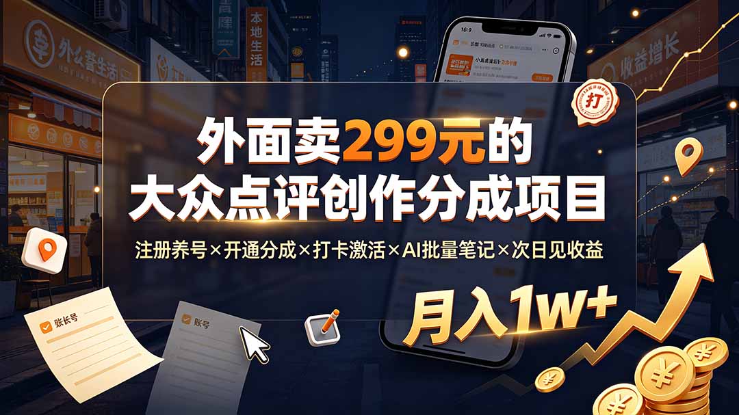 外面卖299元的大众点评创作分成项目：注册养号×开通分成×打卡激活×AI批量笔记×次日见收益，月入1w+-二当家网创资源站
