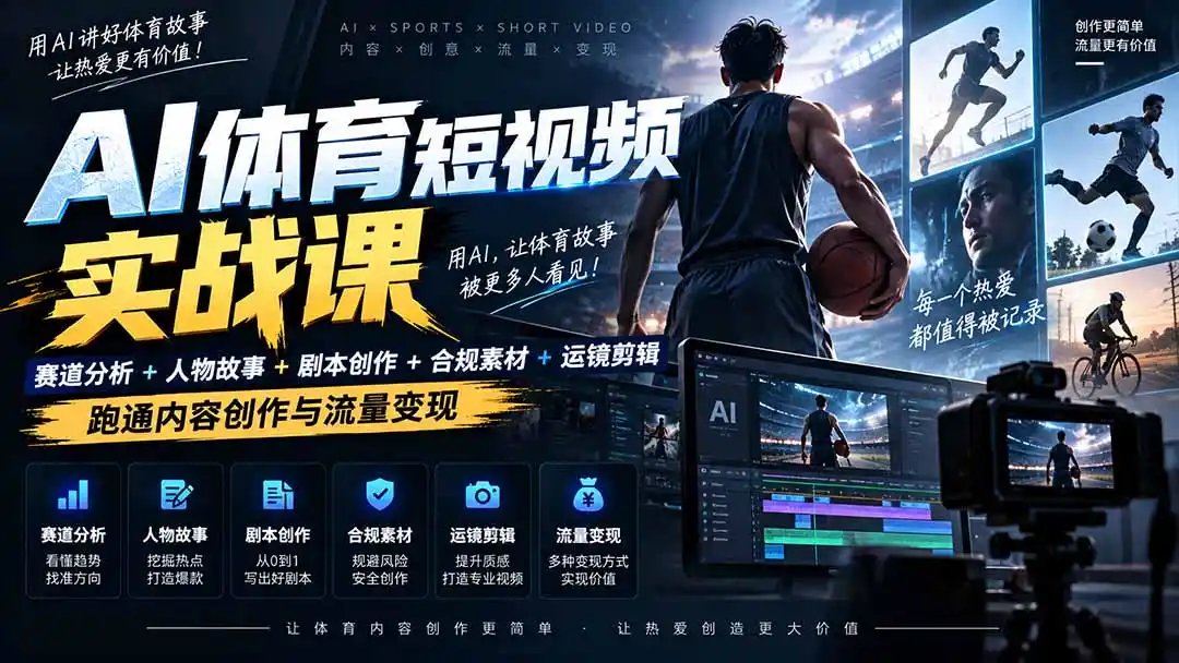 AI体育短视频赛道顶级玩法|赛道分析+人物故事+剧本创作+版权处理+运镜剪辑,跑通流量变现-日赚1K+-二当家网创资源站