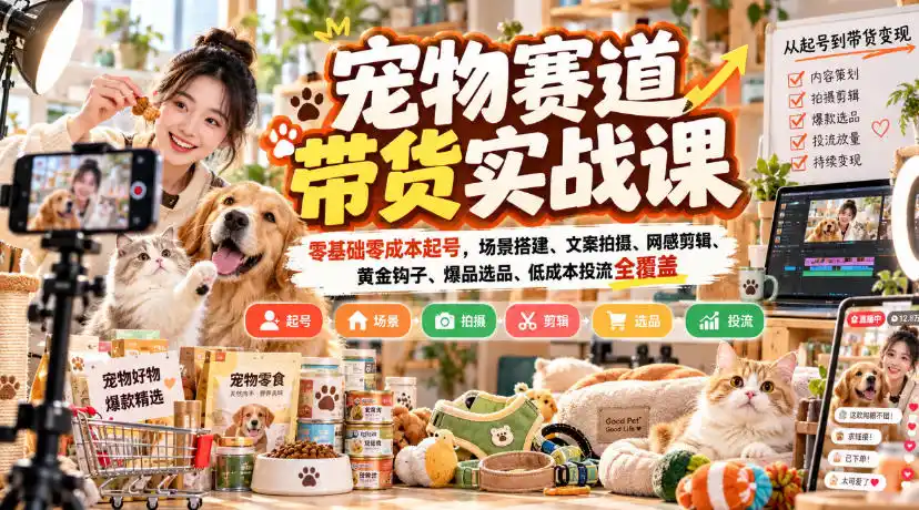 宠物赛道带货实战课，零基础零成本起号，场景搭建、文案拍摄、网感剪辑、黄金钩子、爆品选品、低成本投流全覆盖-二当家网创资源站