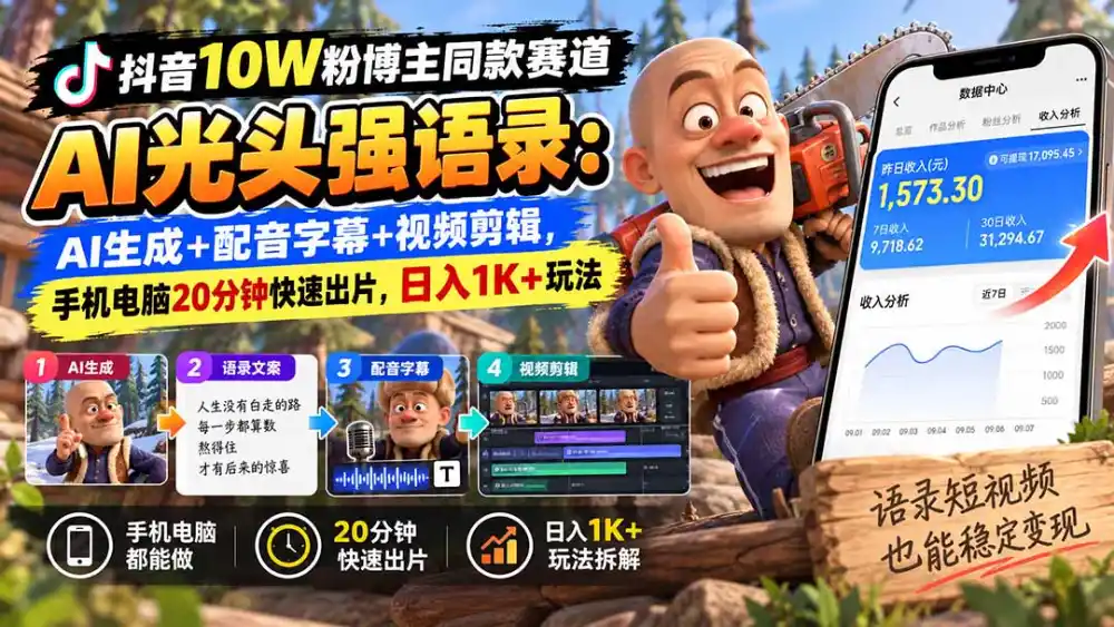 【无水印】抖音10W粉博主同款赛道AI光头强语录:AI生成+配音字幕+视频剪辑,手机电脑20分钟快速出片,日入1K+玩法-二当家网创资源站