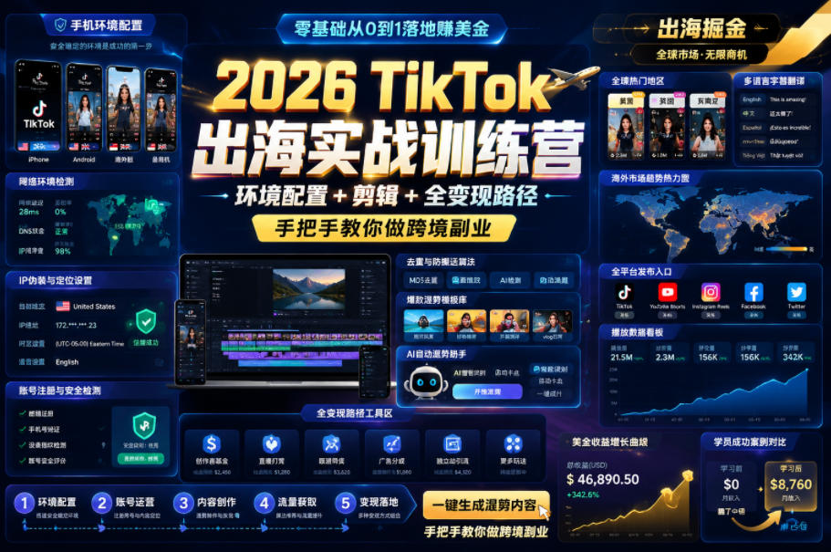 2026 TikTok出海实战训练营,环境配置 + 剪辑 + 全变现路径,手把手教你做跨境副业-二当家网创资源站