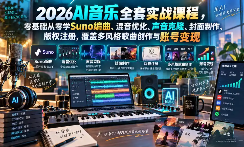 2026AI音乐实战课程,零基础从零学Suno编曲、混音优化、声音克隆、版权注册,覆盖多风格歌曲创作与账号变现-二当家网创资源站