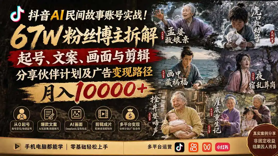 抖音AI民间故事账号实战！67W粉丝博主拆解起号、文案、画面与剪辑，分享伙伴计划及广告变现路径，月入10000+-二当家网创资源站