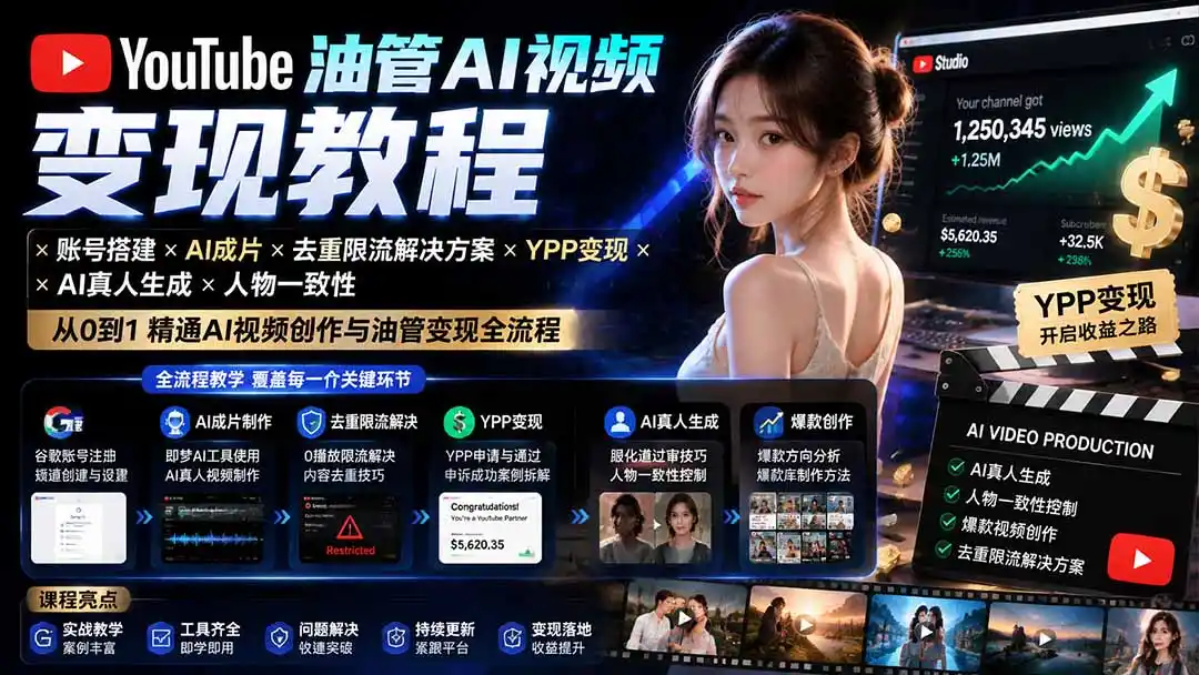 YouTube油管AI视频变现教程-更新0926:账号搭建×AI成片×去重限流解决方案×YPP变现×AI真人生成×人物一致性-二当家网创资源站